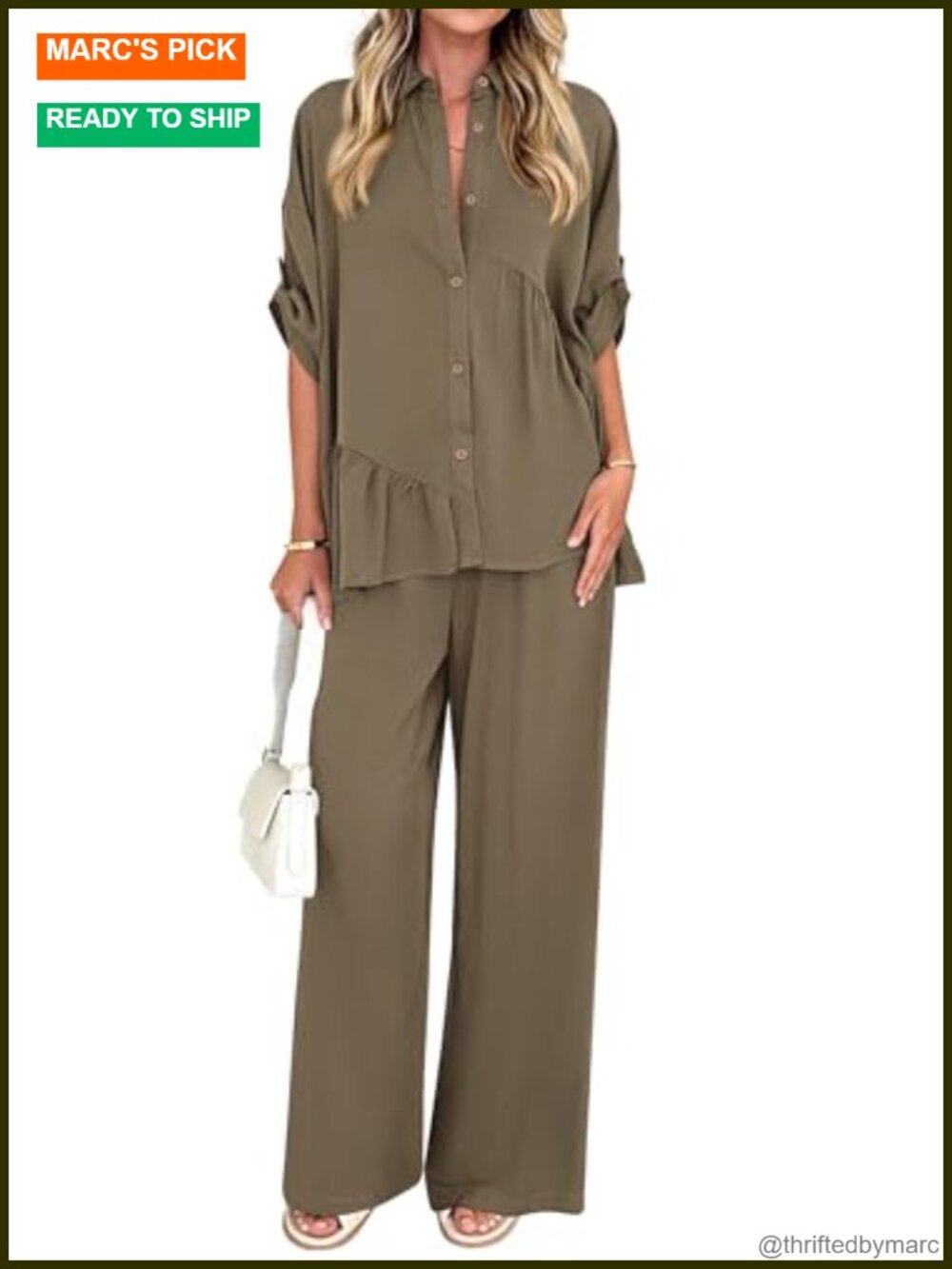 Two Piece Lounge Set Women Wide Leg Pants Button Down Shirt
